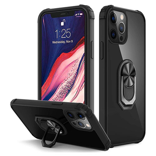 Silicone Matte Finish and Plastic Back Cover Case with Magnetic Finger Ring Stand R01 for Apple iPhone 12 Pro Black