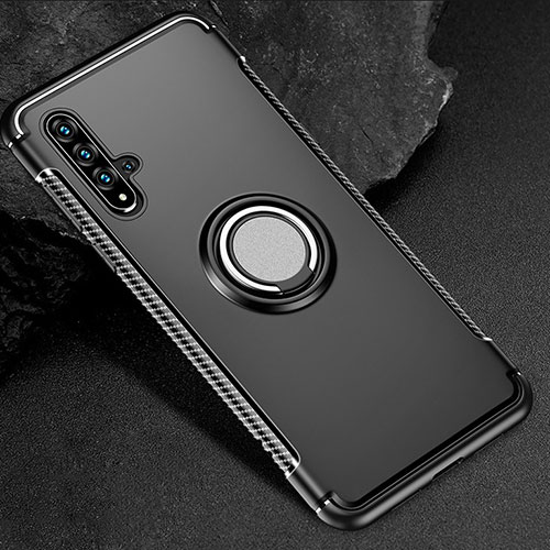 Silicone Matte Finish and Plastic Back Cover Case with Magnetic Finger Ring Stand R01 for Huawei Honor 20 Black