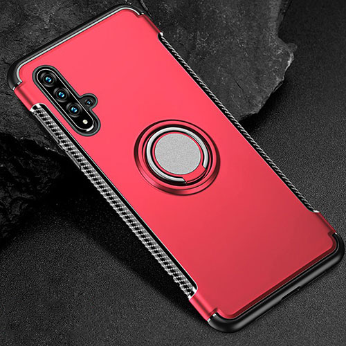 Silicone Matte Finish and Plastic Back Cover Case with Magnetic Finger Ring Stand R01 for Huawei Honor 20 Red