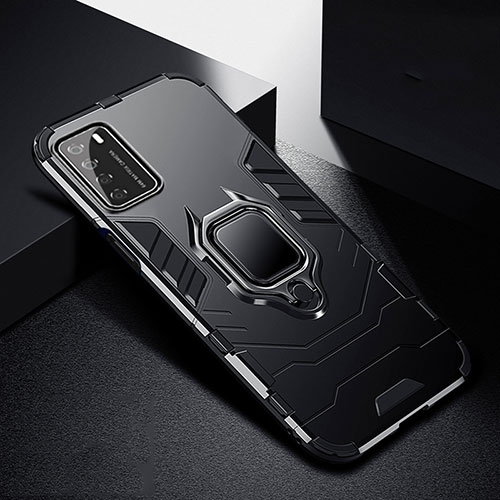 Silicone Matte Finish and Plastic Back Cover Case with Magnetic Finger Ring Stand R01 for Huawei Honor Play4 5G Black