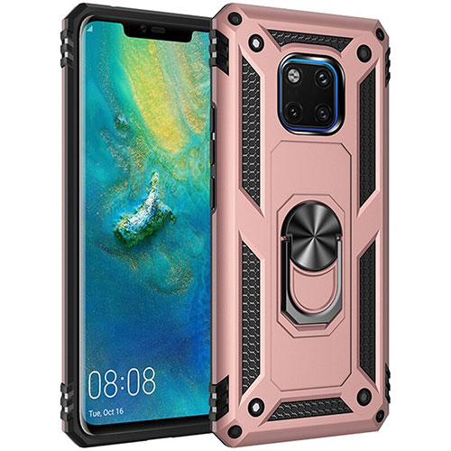 Silicone Matte Finish and Plastic Back Cover Case with Magnetic Finger Ring Stand R01 for Huawei Mate 20 Pro Rose Gold