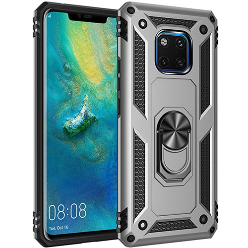 Silicone Matte Finish and Plastic Back Cover Case with Magnetic Finger Ring Stand R01 for Huawei Mate 20 Pro Silver