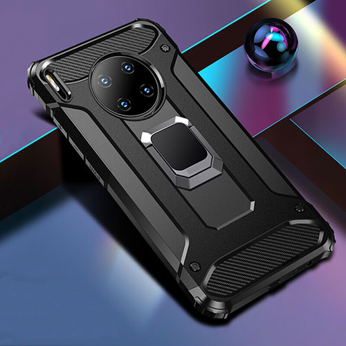 Silicone Matte Finish and Plastic Back Cover Case with Magnetic Finger Ring Stand R01 for Huawei Mate 30 Pro 5G Black