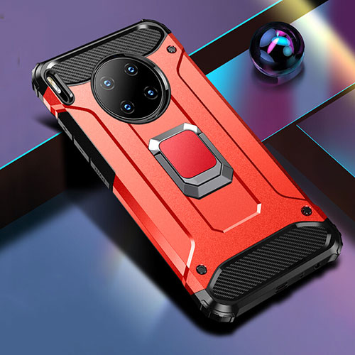 Silicone Matte Finish and Plastic Back Cover Case with Magnetic Finger Ring Stand R01 for Huawei Mate 30 Pro 5G Red