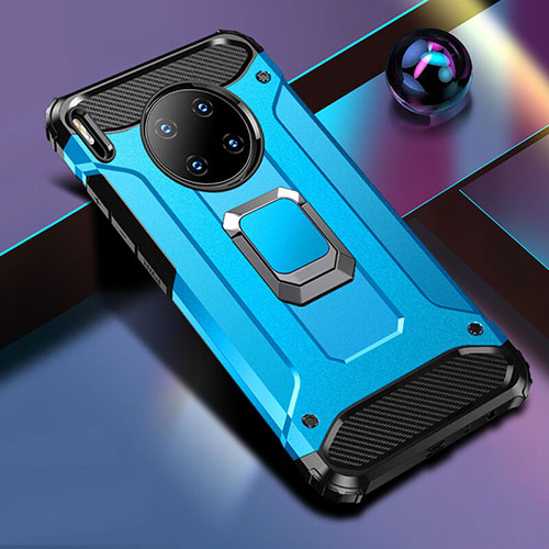 Silicone Matte Finish and Plastic Back Cover Case with Magnetic Finger Ring Stand R01 for Huawei Mate 30 Pro Blue