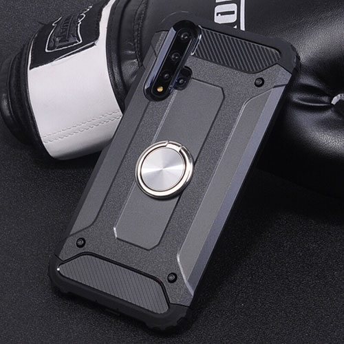 Silicone Matte Finish and Plastic Back Cover Case with Magnetic Finger Ring Stand R01 for Huawei Nova 5 Black