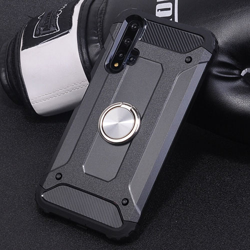 Silicone Matte Finish and Plastic Back Cover Case with Magnetic Finger Ring Stand R01 for Huawei Nova 5 Pro Black