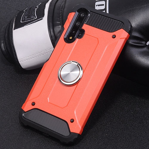 Silicone Matte Finish and Plastic Back Cover Case with Magnetic Finger Ring Stand R01 for Huawei Nova 5 Pro Red