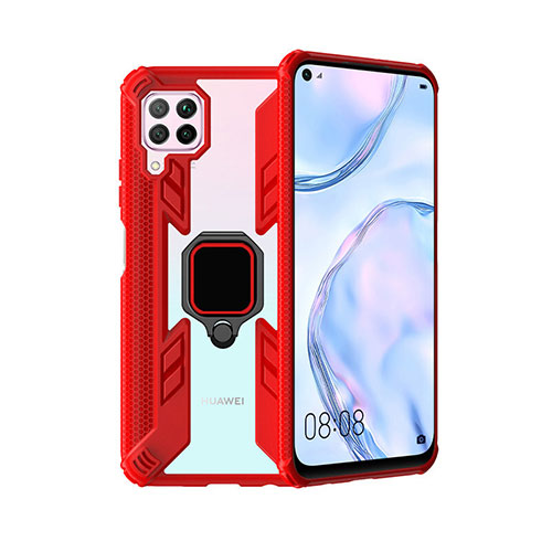 Silicone Matte Finish and Plastic Back Cover Case with Magnetic Finger Ring Stand R01 for Huawei Nova 7i Red