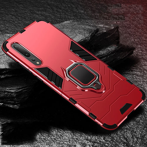 Silicone Matte Finish and Plastic Back Cover Case with Magnetic Finger Ring Stand R01 for Huawei P20 Pro Red