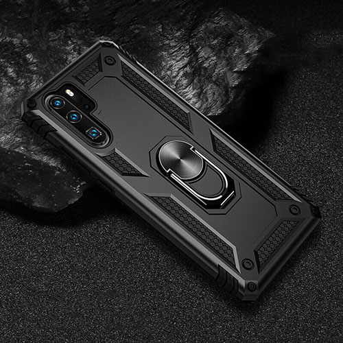 Silicone Matte Finish and Plastic Back Cover Case with Magnetic Finger Ring Stand R01 for Huawei P30 Pro Black