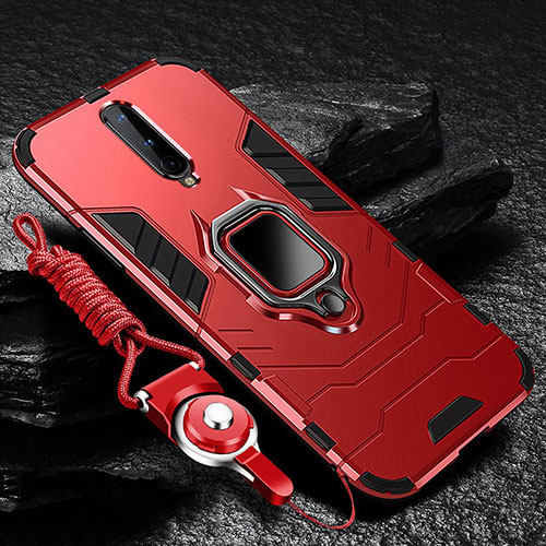 Silicone Matte Finish and Plastic Back Cover Case with Magnetic Finger Ring Stand R01 for OnePlus 8 Red