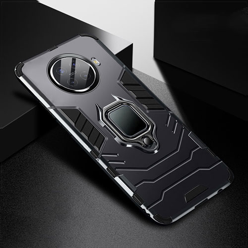 Silicone Matte Finish and Plastic Back Cover Case with Magnetic Finger Ring Stand R01 for Oppo Ace2 Black