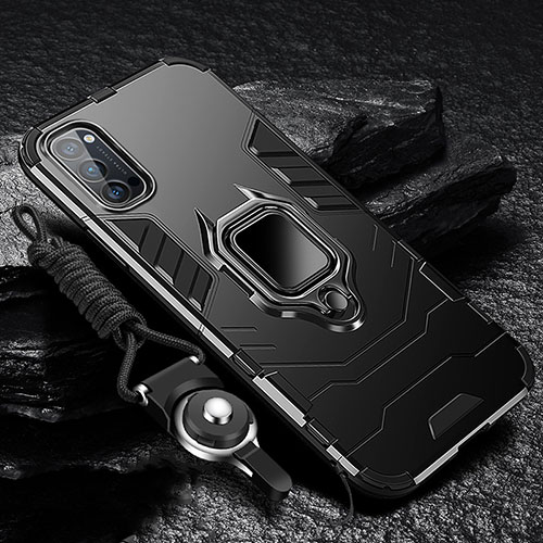 Silicone Matte Finish and Plastic Back Cover Case with Magnetic Finger Ring Stand R01 for Oppo Reno4 Pro 5G Black