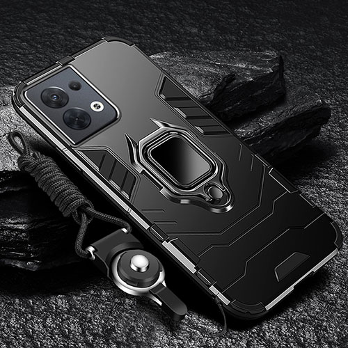 Silicone Matte Finish and Plastic Back Cover Case with Magnetic Finger Ring Stand R01 for Oppo Reno9 Pro 5G Black