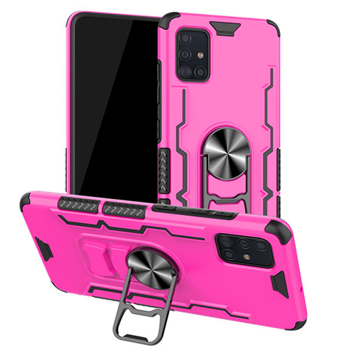 Silicone Matte Finish and Plastic Back Cover Case with Magnetic Finger Ring Stand R01 for Samsung Galaxy A51 5G Hot Pink