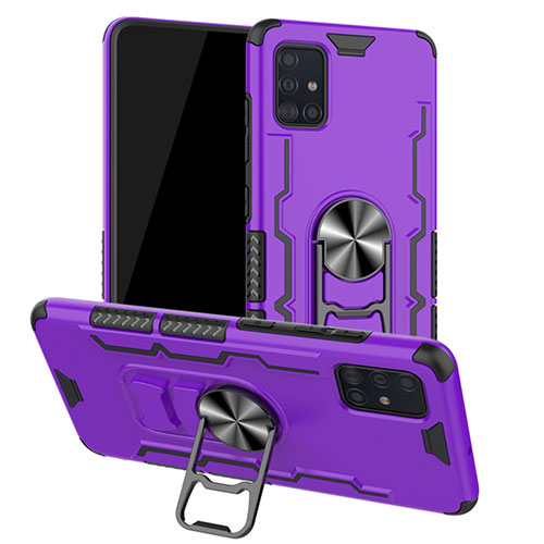 Silicone Matte Finish and Plastic Back Cover Case with Magnetic Finger Ring Stand R01 for Samsung Galaxy A51 5G Purple