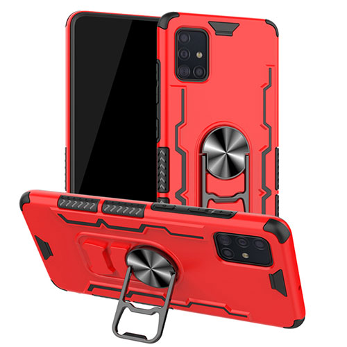 Silicone Matte Finish and Plastic Back Cover Case with Magnetic Finger Ring Stand R01 for Samsung Galaxy A51 5G Red