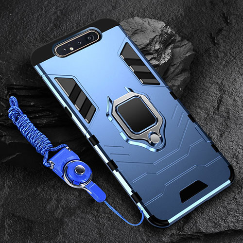 Silicone Matte Finish and Plastic Back Cover Case with Magnetic Finger Ring Stand R01 for Samsung Galaxy A90 4G Blue
