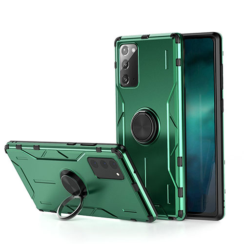 Silicone Matte Finish and Plastic Back Cover Case with Magnetic Finger Ring Stand R01 for Samsung Galaxy Note 20 5G Green