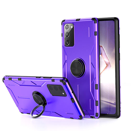 Silicone Matte Finish and Plastic Back Cover Case with Magnetic Finger Ring Stand R01 for Samsung Galaxy Note 20 5G Purple