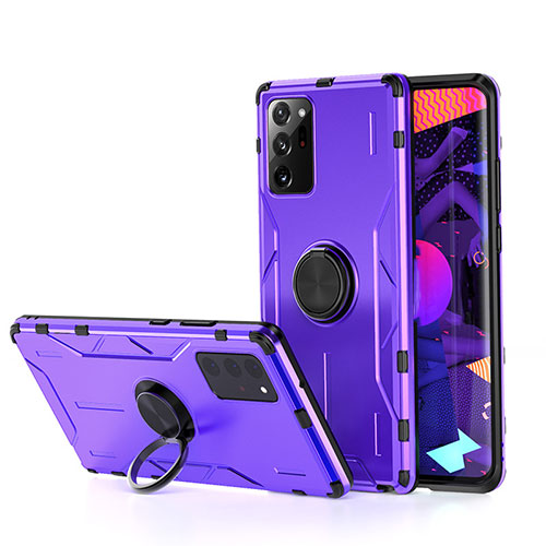 Silicone Matte Finish and Plastic Back Cover Case with Magnetic Finger Ring Stand R01 for Samsung Galaxy Note 20 Ultra 5G Purple