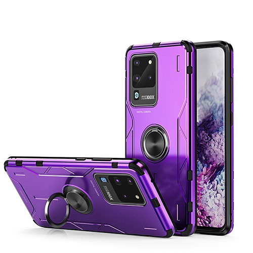 Silicone Matte Finish and Plastic Back Cover Case with Magnetic Finger Ring Stand R01 for Samsung Galaxy S20 Ultra 5G Purple