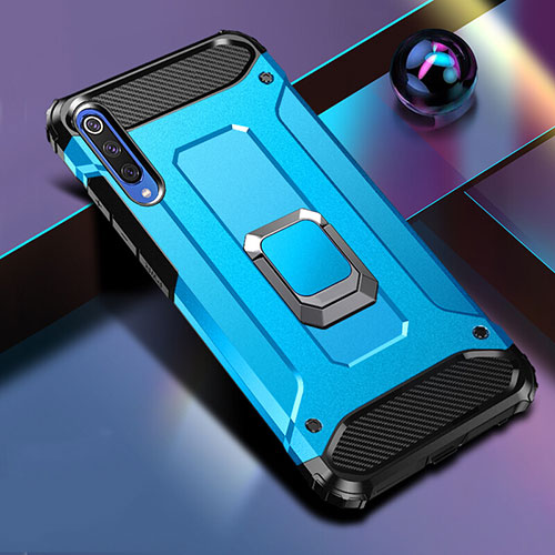 Silicone Matte Finish and Plastic Back Cover Case with Magnetic Finger Ring Stand R01 for Xiaomi Mi A3 Blue
