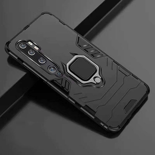 Silicone Matte Finish and Plastic Back Cover Case with Magnetic Finger Ring Stand R01 for Xiaomi Mi Note 10 Pro Black
