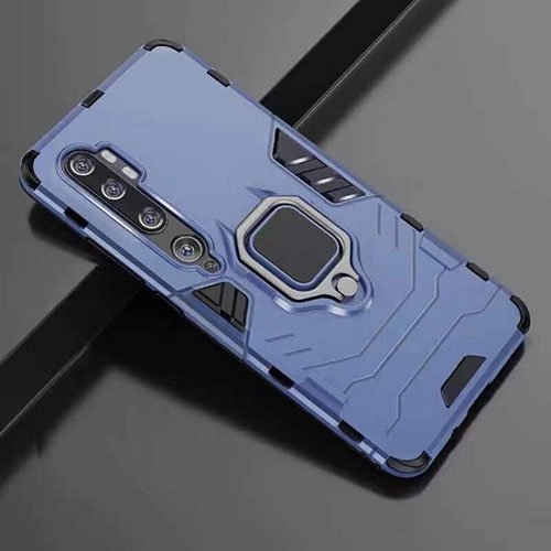 Silicone Matte Finish and Plastic Back Cover Case with Magnetic Finger Ring Stand R01 for Xiaomi Mi Note 10 Pro Blue