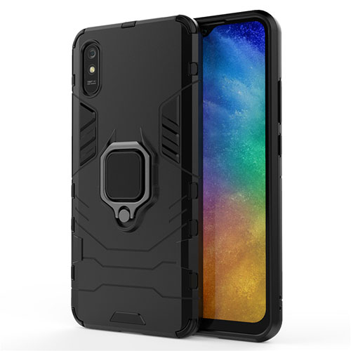 Silicone Matte Finish and Plastic Back Cover Case with Magnetic Finger Ring Stand R01 for Xiaomi Redmi 9AT Black