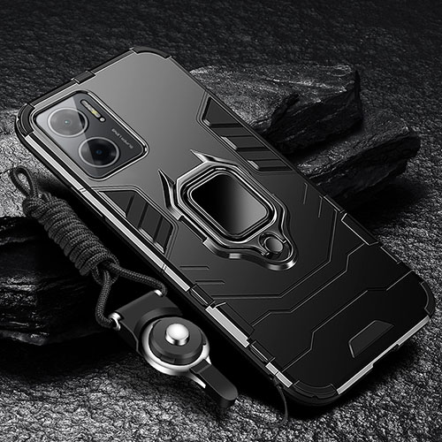 Silicone Matte Finish and Plastic Back Cover Case with Magnetic Finger Ring Stand R01 for Xiaomi Redmi Note 11E 5G Black