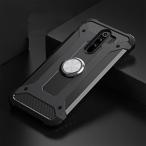 Silicone Matte Finish and Plastic Back Cover Case with Magnetic Finger Ring Stand R01 for Xiaomi Redmi Note 8 Pro Black