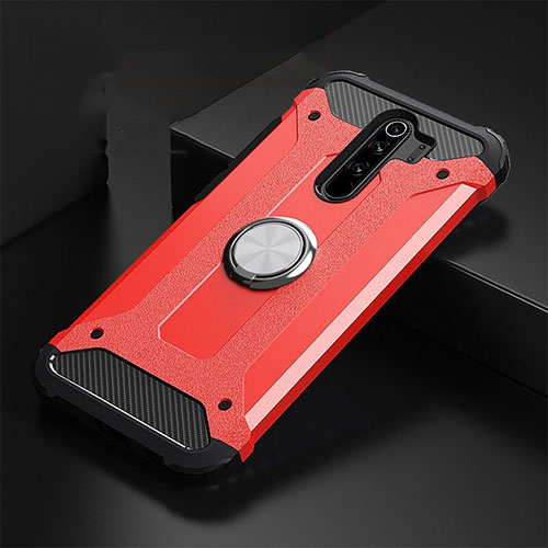 Silicone Matte Finish and Plastic Back Cover Case with Magnetic Finger Ring Stand R01 for Xiaomi Redmi Note 8 Pro Red