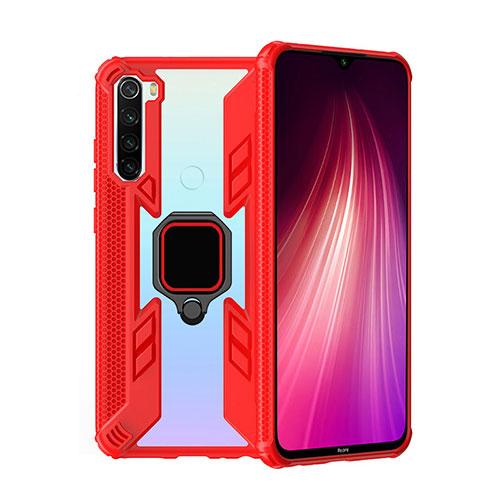 Silicone Matte Finish and Plastic Back Cover Case with Magnetic Finger Ring Stand R01 for Xiaomi Redmi Note 8 Red