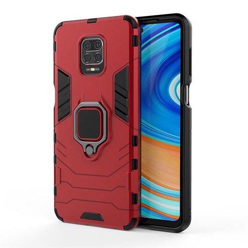 Silicone Matte Finish and Plastic Back Cover Case with Magnetic Finger Ring Stand R01 for Xiaomi Redmi Note 9 Pro Red