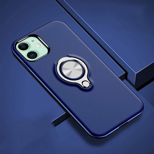 Silicone Matte Finish and Plastic Back Cover Case with Magnetic Finger Ring Stand R02 for Apple iPhone 11 Blue