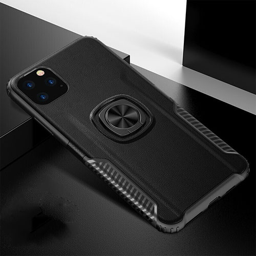 Silicone Matte Finish and Plastic Back Cover Case with Magnetic Finger Ring Stand R02 for Apple iPhone 11 Pro Black