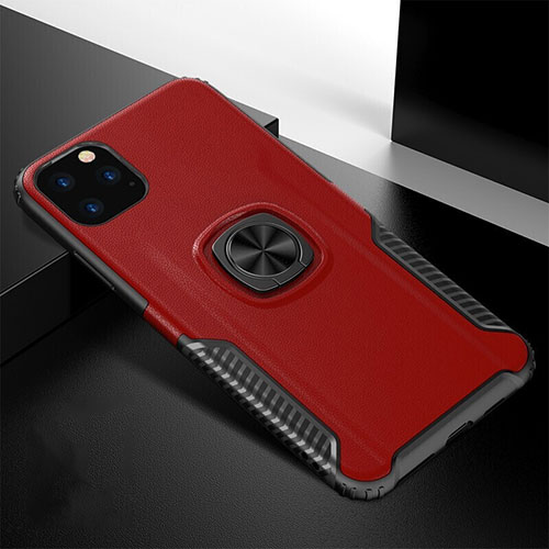 Silicone Matte Finish and Plastic Back Cover Case with Magnetic Finger Ring Stand R02 for Apple iPhone 11 Pro Red