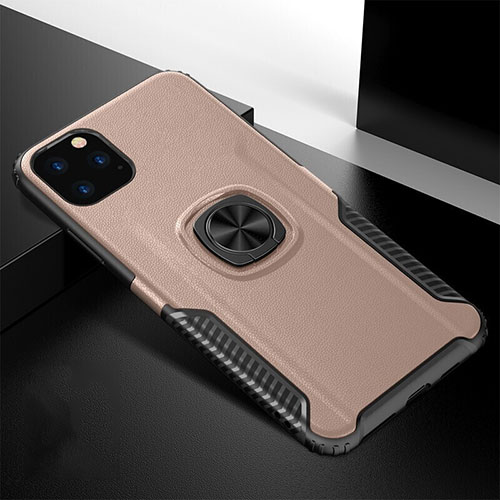 Silicone Matte Finish and Plastic Back Cover Case with Magnetic Finger Ring Stand R02 for Apple iPhone 11 Pro Rose Gold