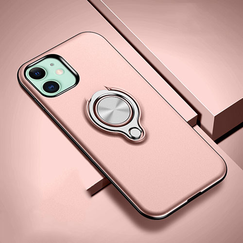 Silicone Matte Finish and Plastic Back Cover Case with Magnetic Finger Ring Stand R02 for Apple iPhone 11 Rose Gold