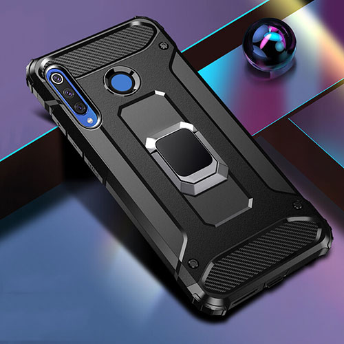 Silicone Matte Finish and Plastic Back Cover Case with Magnetic Finger Ring Stand R02 for Huawei P30 Lite New Edition Black