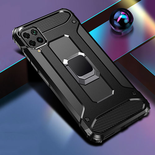 Silicone Matte Finish and Plastic Back Cover Case with Magnetic Finger Ring Stand R02 for Huawei P40 Lite Black