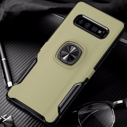 Silicone Matte Finish and Plastic Back Cover Case with Magnetic Finger Ring Stand R02 for Samsung Galaxy S10 5G Gold