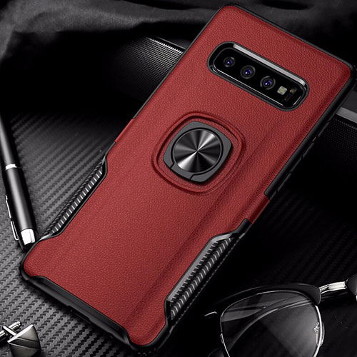 Silicone Matte Finish and Plastic Back Cover Case with Magnetic Finger Ring Stand R02 for Samsung Galaxy S10 Plus Red