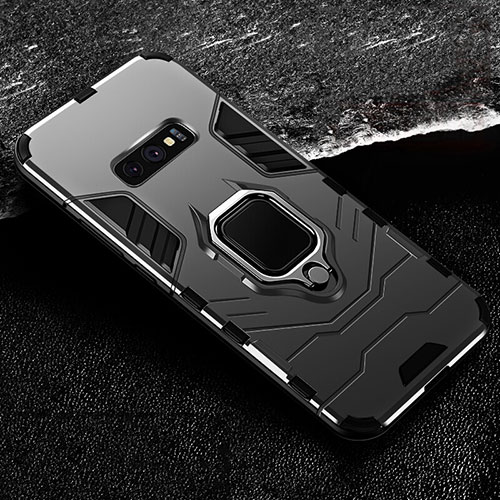 Silicone Matte Finish and Plastic Back Cover Case with Magnetic Finger Ring Stand R02 for Samsung Galaxy S10e Black
