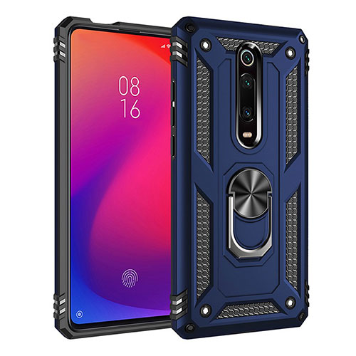 Silicone Matte Finish and Plastic Back Cover Case with Magnetic Finger Ring Stand R02 for Xiaomi Mi 9T Blue