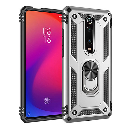 Silicone Matte Finish and Plastic Back Cover Case with Magnetic Finger Ring Stand R02 for Xiaomi Mi 9T Silver