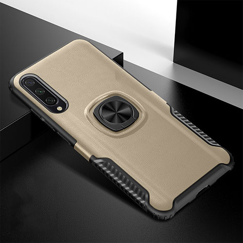 Silicone Matte Finish and Plastic Back Cover Case with Magnetic Finger Ring Stand R02 for Xiaomi Mi A3 Gold