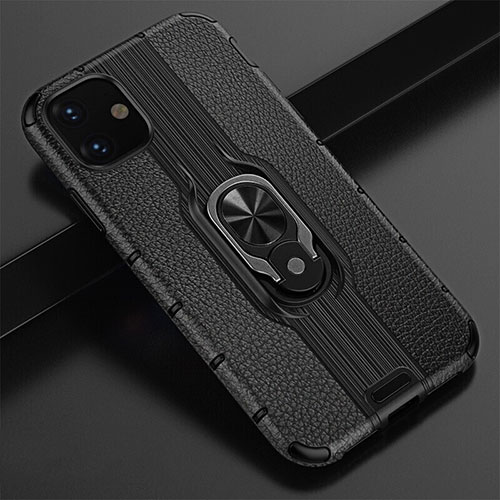 Silicone Matte Finish and Plastic Back Cover Case with Magnetic Finger Ring Stand R03 for Apple iPhone 11 Black